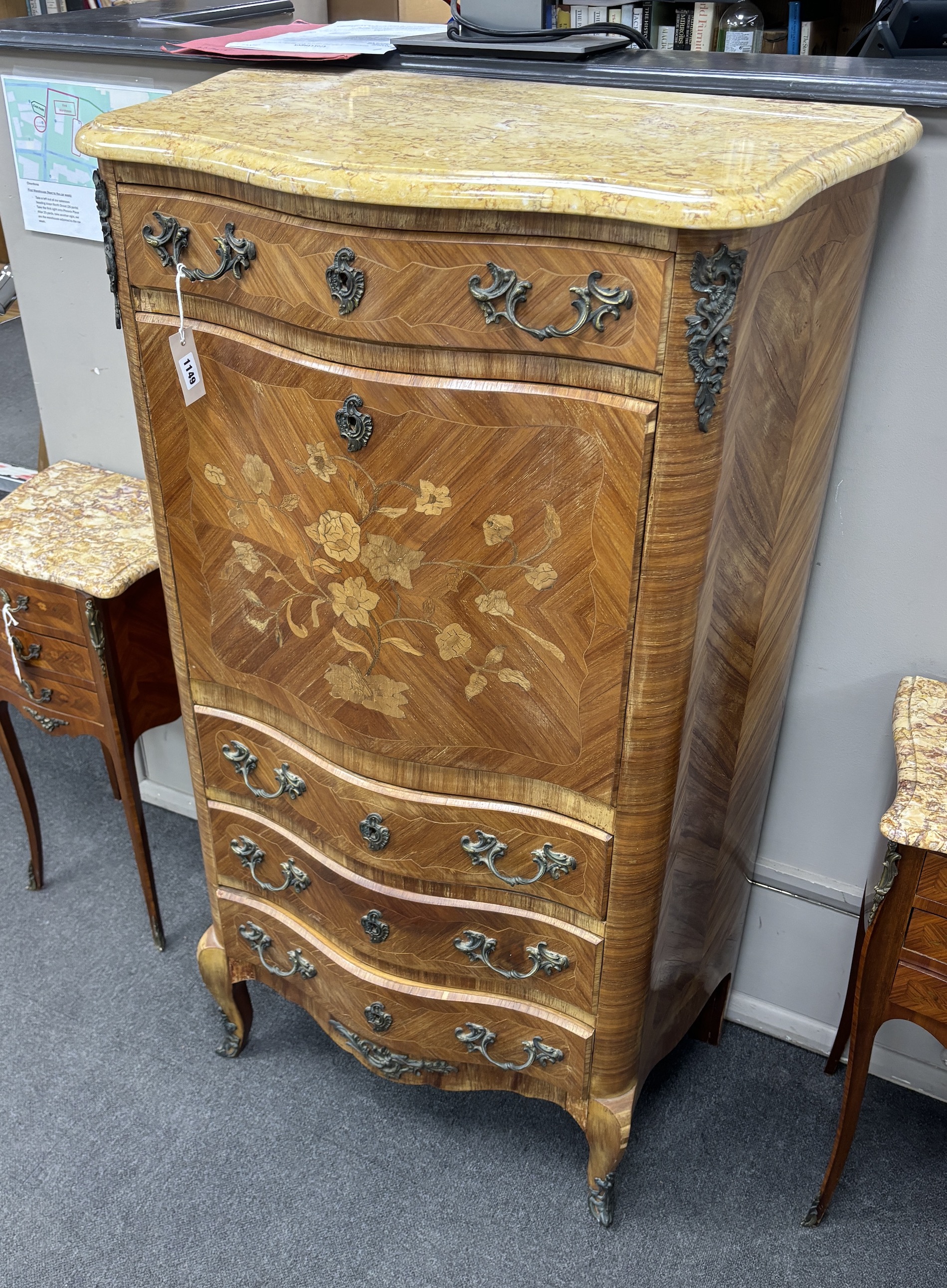 A Louis XV style inlaid kingwood marble top secretaire chest, width 78cm, depth 46cm, height 137cm